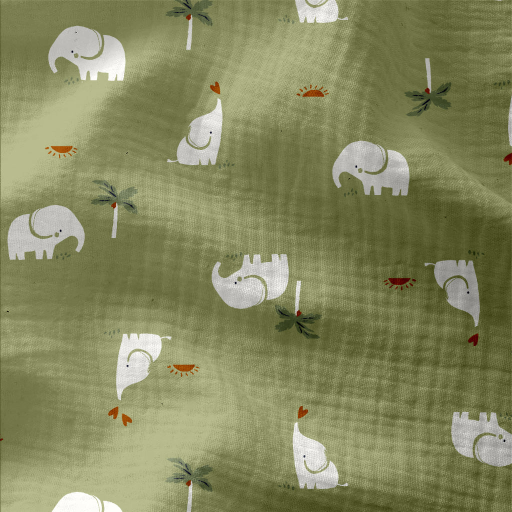 Double Gauze Printed Elephants Green