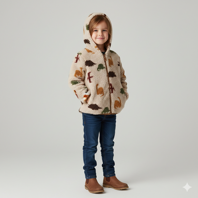 Sherpa-Fleece-Jacquard-Dinosaurier-Beige